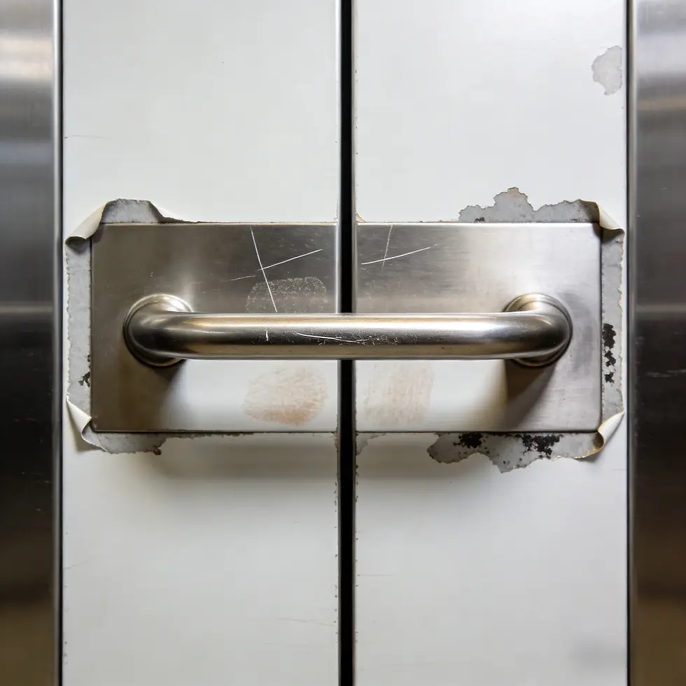 A worn metal door handle on a scratched, peeling white surface. The mood is rustic, with visible wear and tear, revealing a sense of age.