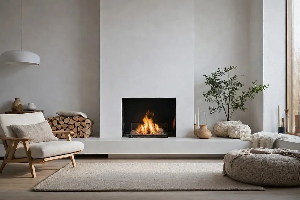 Cozy living room with a lit fireplace, beige armchair, log pile, potted plant, and pouf. Soft neutral tones create a warm ambiance.