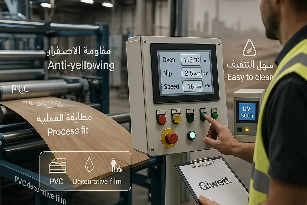 PVC decorative film production line control panel showing anti-yellowing, easy-to-clean surface and UV 500h test—process-fit manufacturing.