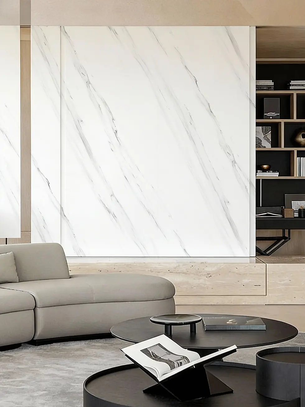 Modern living room with beige sofa, black round tables, and marble wall. Books and decor are on shelves, creating a tidy, serene space.