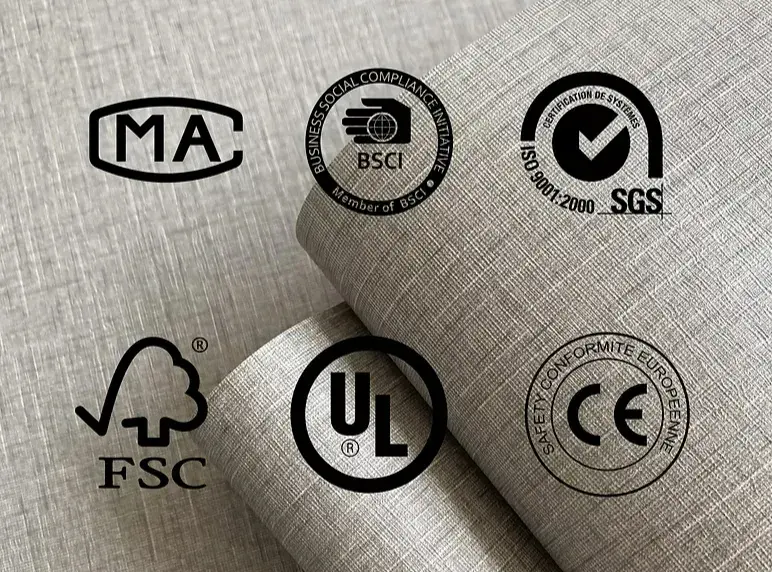 Giwett decorative film fabric texture background with MA, BSCI, SGS ISO9001, FSC, UL and CE certification logos, showing compliance and reliability for global B2B projects.