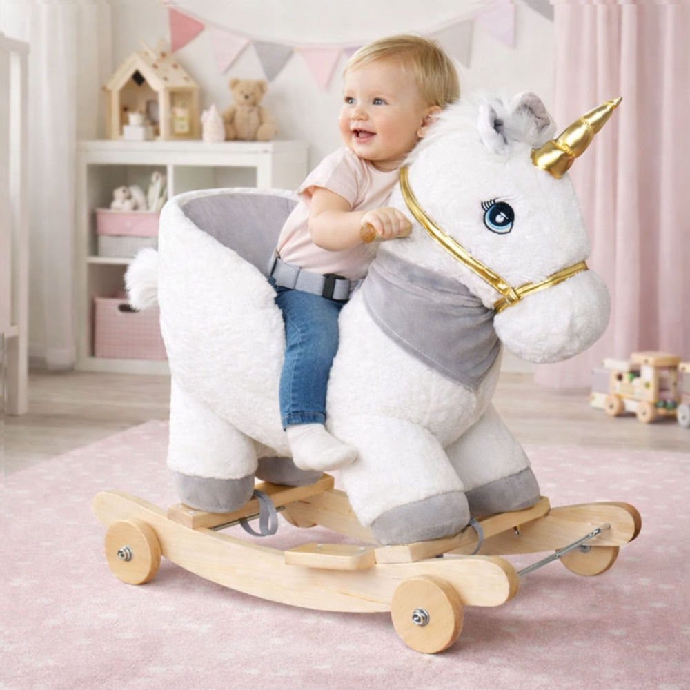 Βελούδινο Λευκό Unicorn Rocking Horse 2 σε 1 με μουσική ,12μην+κωδ: LEN28721 ,www.worldfamilytime.com