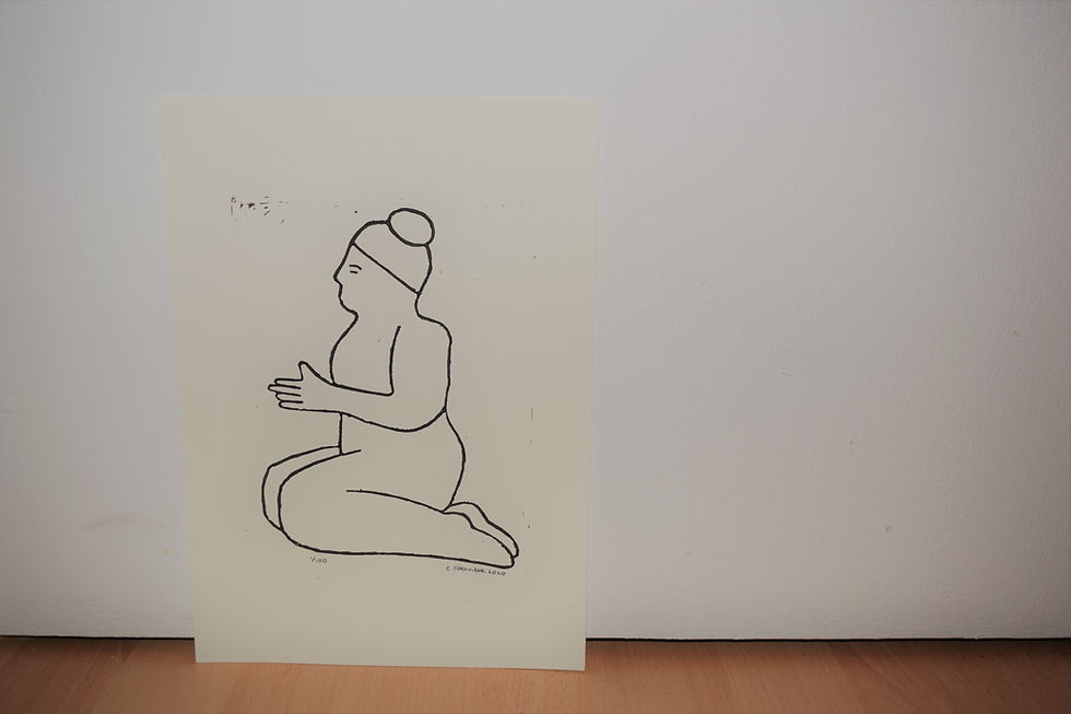 Thumbnail: A4 linocut print, Nude 3: With Open Arms (side)