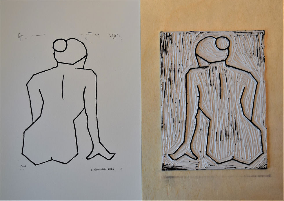 Thumbnail: A4 linocut print, Nude 4: Leaning on One Hand (back)