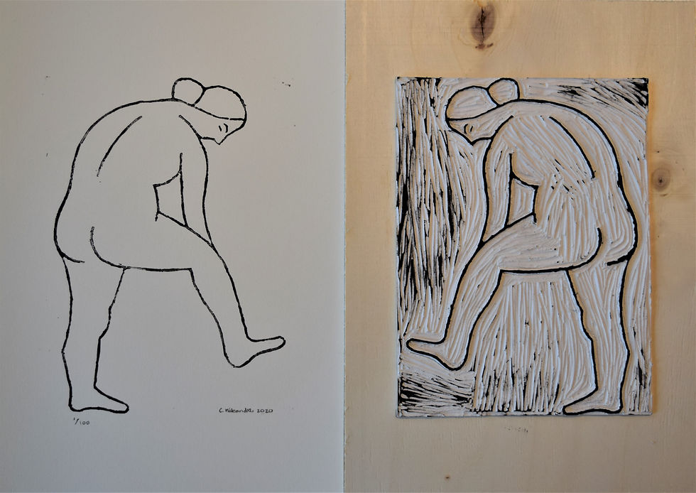 Thumbnail: A4 linocut print, Nude 6: Stomping (side)