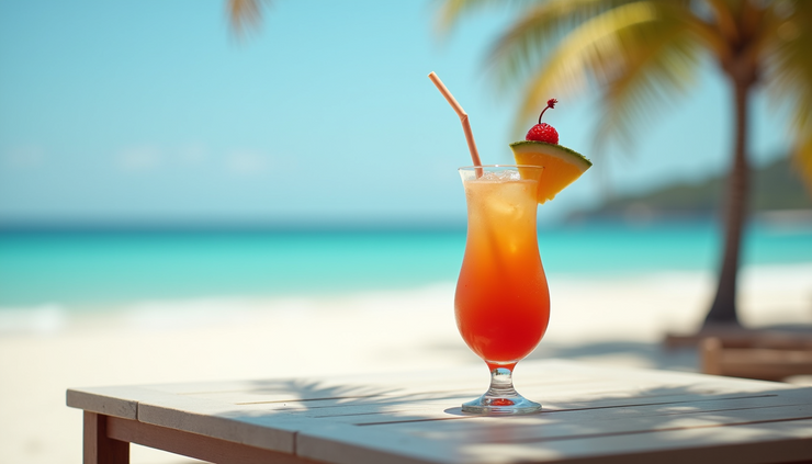 Close-up view of a tropical cocktail on a beachside table with white sand in the background