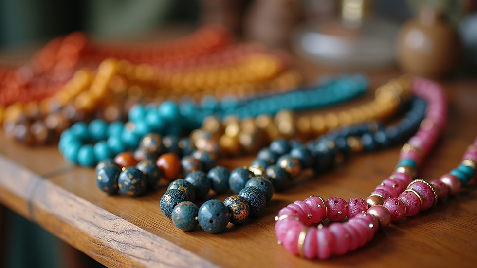Close-up view of colorful beaded jewelry displayed on a wooden table