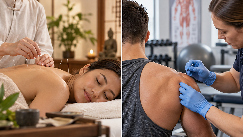 Split-screen image comparing acupuncture and dry needling, with acupuncture needles placed in a patient’s back on the left and dry needling performed on a patient’s shoulder in a rehab clinic on the right.
