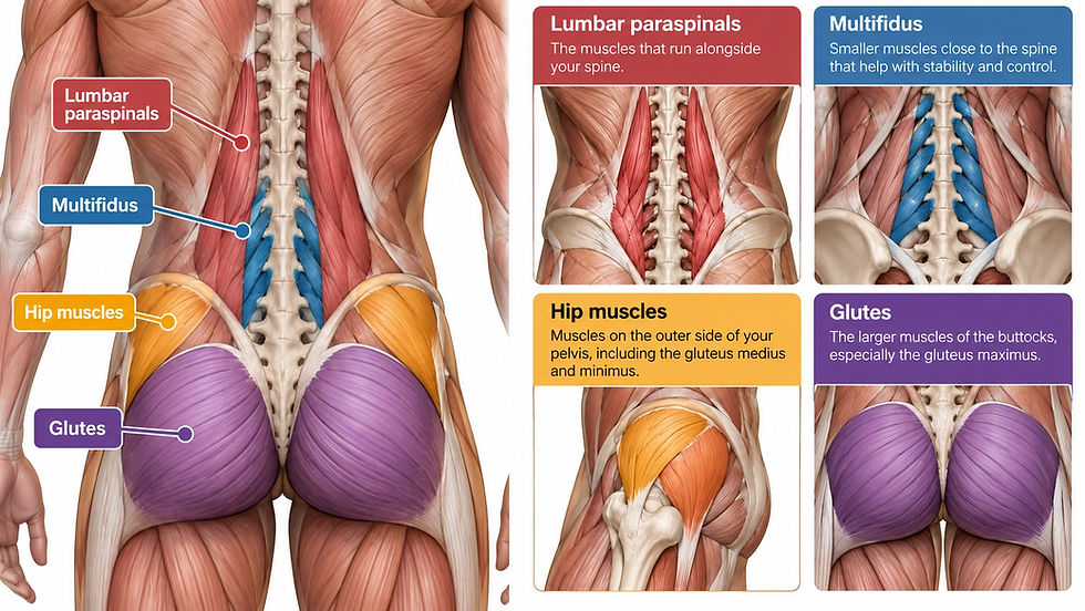 Anatomical illustration of the lower back showing the lumbar paraspinals, multifidus, hip muscles and glutes.
