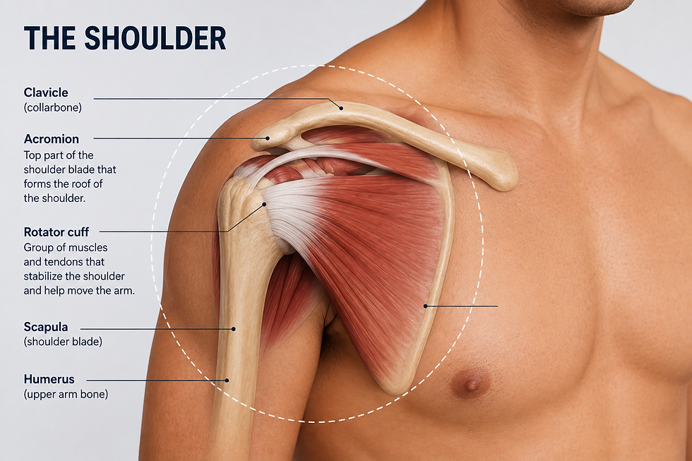 Medical illustration of the shoulder showing the rotator cuff, clavicle, acromion, scapula, and humerus.