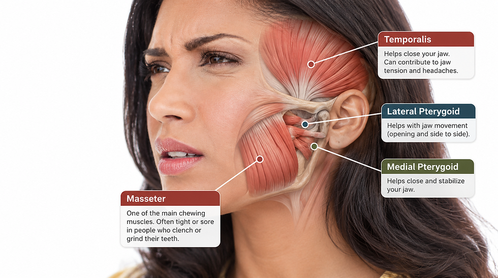 Illustration of the masseter, temporalis, lateral pterygoid and medial pterygoid muscles involved in TMJ pain and jaw tension