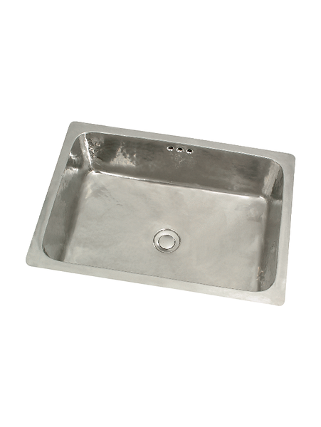 Cuve évier de cuisine en cuivre ou laiton avec finition nickel brillant de forme rectangulaire. Fabriqué par des artisans qualifiés en Normandie. Made in France.