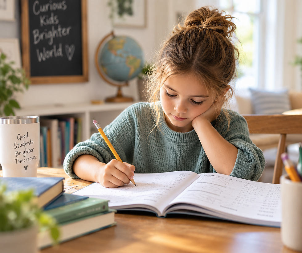 A young girl intently focuses on her schoolwork, surrounded by educational tools and motivational messages in a cozy, sunlit study space.