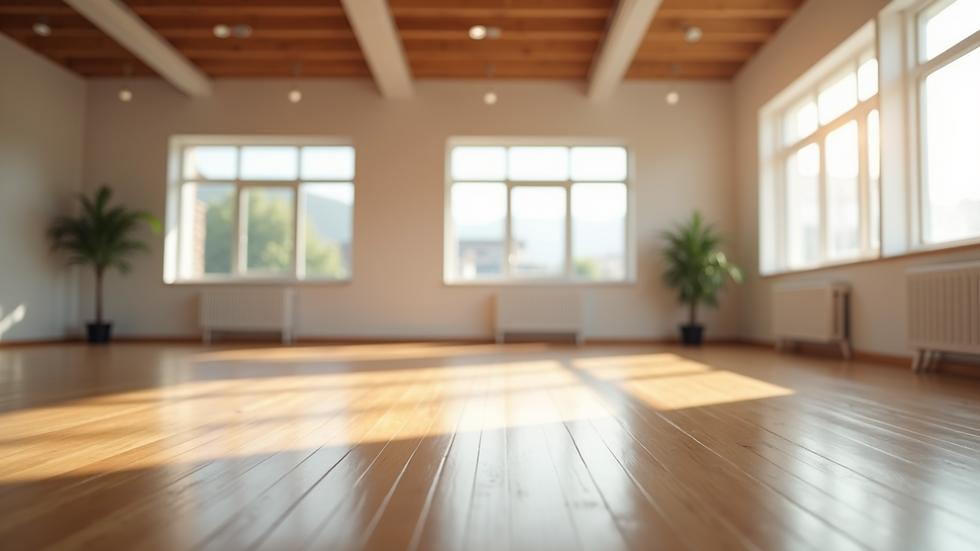Eye-level view of a bright and spacious dance studio with wooden floors