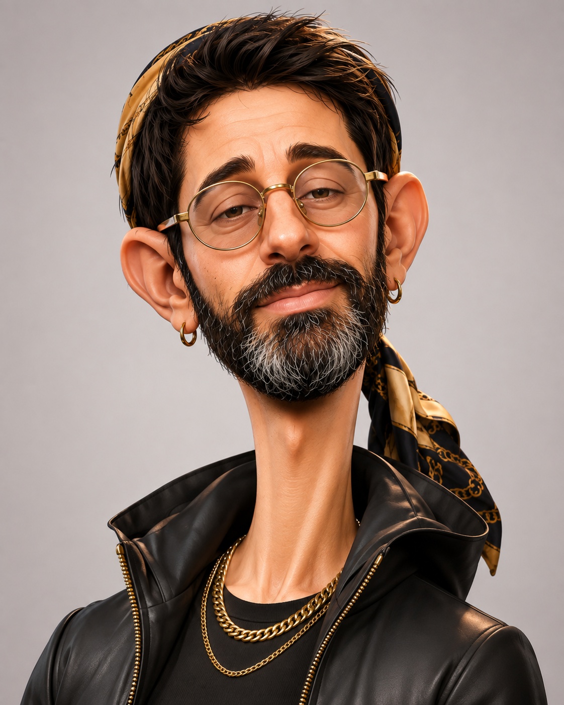 Ran, the artist, wearing round gold glasses, a black jacket, and a gold chain