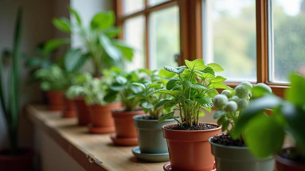 Close-up view of a variety of potted plants arranged neatly