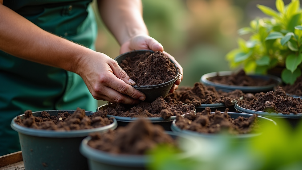 High angle view of a gardener preparing soil in pots for planting