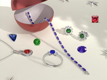 a beautiful collage of different types of loose gemstones and gemstone jewelry pieces