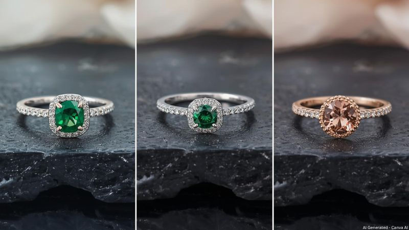 A collage of diamond, emerald and morganite three-stone rings