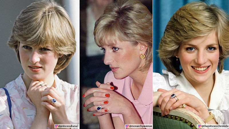 Princess Diana wearing a sapphire engagement ring