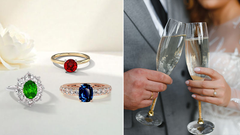 a collage of solitaire, halo, vintage and couple rings