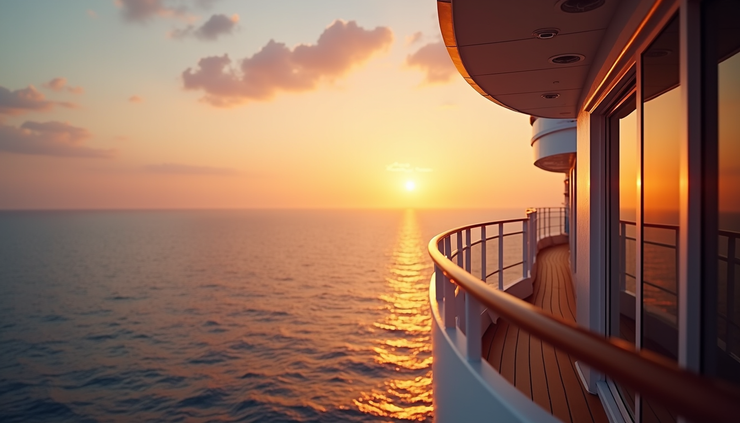Eye-level view of a cruise ship balcony at sunset with ocean horizon