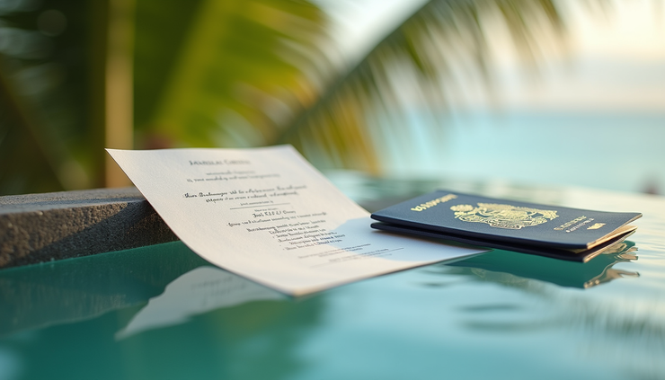 Close-up view of a wedding invitation and passport on a tropical background