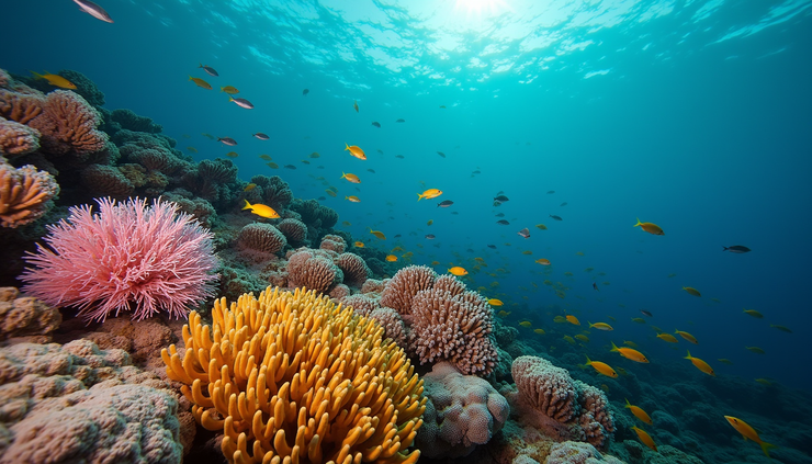 High angle view of colorful coral and fish at Hol Chan Marine Reserve