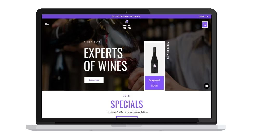 Laptop showing a wine store website. Text reads "EXPERTS OF WINES" with a wine bottle priced at £12.99. Background has wine bottles.