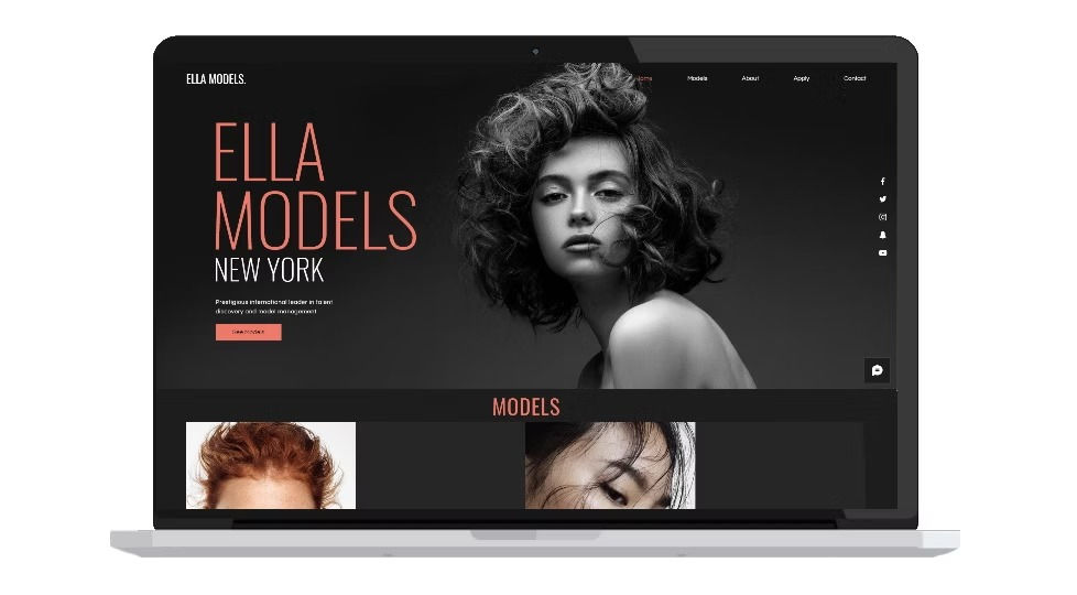 Laptop displaying a modeling agency website with a black-and-white portrait of a woman. Text reads "ELLA MODELS NEW YORK."