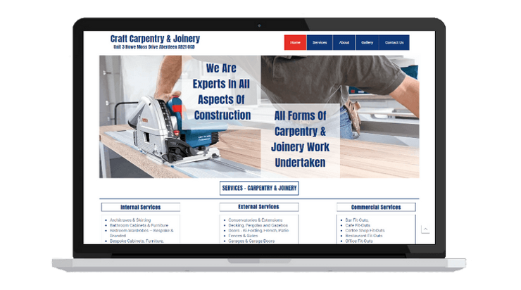 A laptop graphic showing the homepage of a brochure-style website.