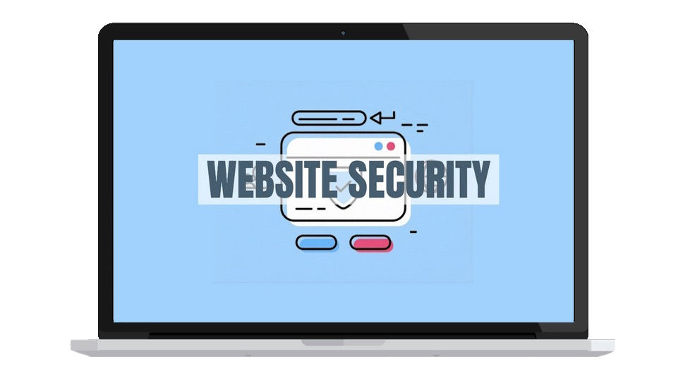 Laptop displaying a blue screen with an icon of a web browser and the text "WEBSITE SECURITY" in bold.