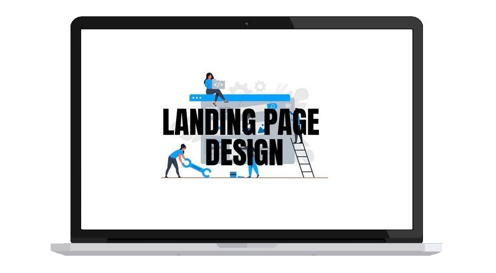 Laptop screen showing "Landing Page Design" with illustrations of people working on a web interface. Predominantly black and blue.