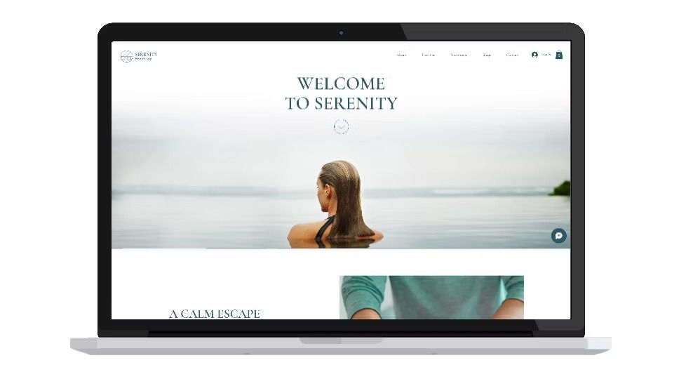 Laptop displaying a serene website. Woman in water with text "Welcome to Serenity." Minimalist design evokes calm.