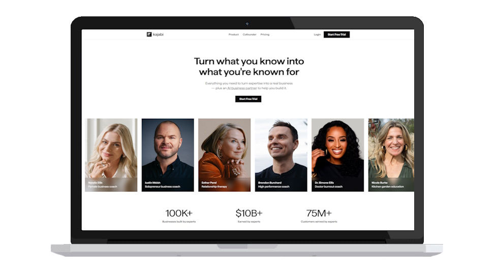 Laptop displaying a website with diverse professionals' photos and text "Turn what you know into what you're known for." White background.
