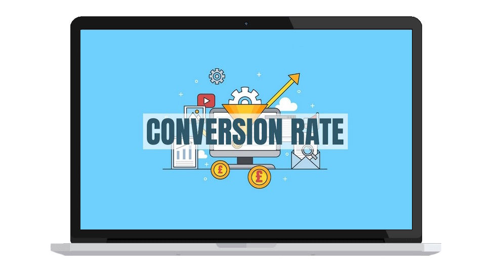 Laptop screen showing the text "CONVERSION RATE" over icons: gear, play button, and coins. Blue background with yellow arrow and clouds.