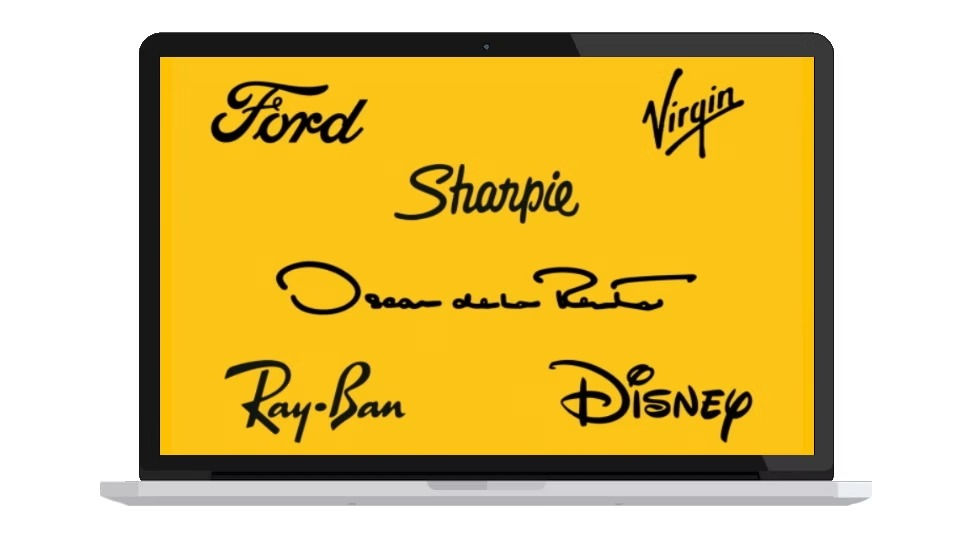 Laptop displaying various brand logos in black script on a yellow background: Ford, Virgin, Sharpie, Oscar de la Renta, Ray-Ban, Disney.