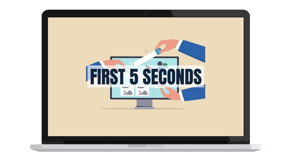 Laptop displaying "FIRST 5 SECONDS" with hands holding paper over a webpage. Light beige background, technology theme.