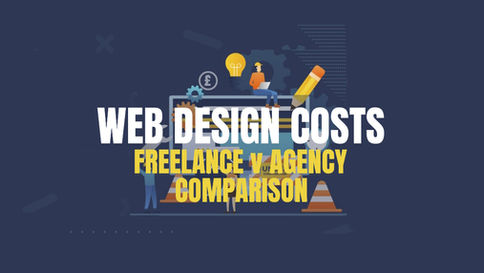 Display showing "Web Design Costs: Freelance v Agency Comparison" with graphics of a pencil, lightbulb, and computer on a blue background.