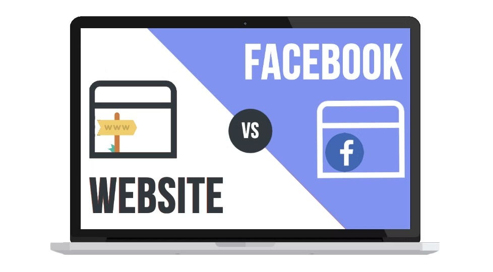 Laptop displaying a split screen comparing a website with a www sign and Facebook with its logo. "WEBSITE" and "FACEBOOK" in bold text.