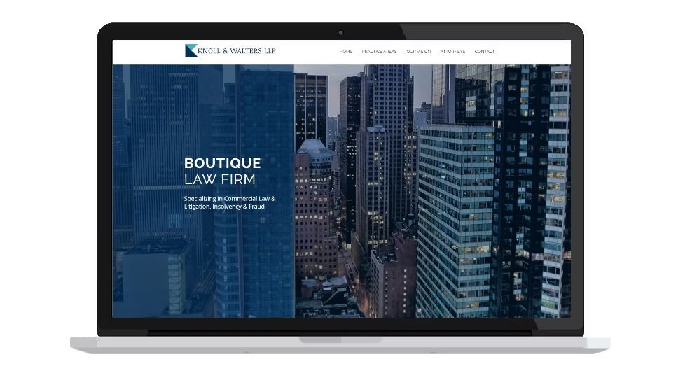 Laptop with law firm website. Text: "Boutique Law Firm" over cityscape; menu: Home, Practice Areas, Our Vision, Attorneys, Contact.