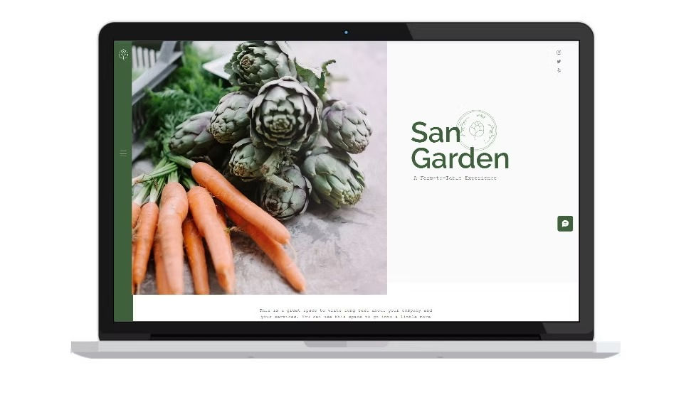 Laptop displaying a webpage with artichokes and carrots on the left. Text reads "San Garden - A Farm-to-Table Experience" on the right.