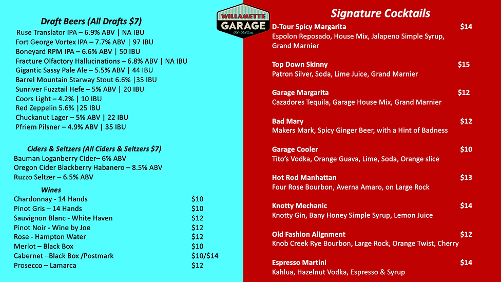 Willamette Garage menu