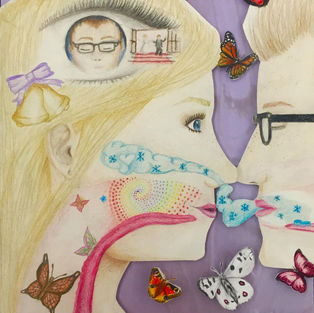 Teenager about to kiss. All five of the young woman's sense's are shown:
- Feel Butterflies in your stomach
- Hear wedding bells
- See's her future
- Smells the mint on his breath
- Tastes of love
