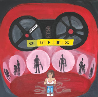Young Woman tied up with rope in a chair. Shown around her are silhouettes her and her attacker. Above her, shows a tape recorder replaying the scene over and over. This whole scene is depicted as what's going on inside the main character's head.