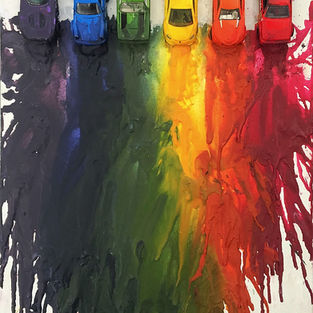 Purple, Blue, Green, Yellow, Orange, and Red Cars looking like their melting