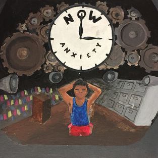 A man is on his knees on a stage with his hands on his head, clearly stressed out. On one side of him lies a podium and large audience. On his others are filing cabinets stuffed to the brim with papers. On all sides of him lay large blaring speakers. Above him is a large clock reading "NOW" surrounded by gears. This whole scene is depicted as what's going on inside the main character's head.