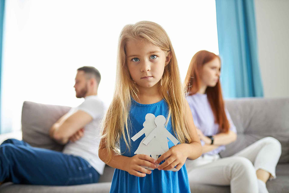 Young girl holding paper dolls with arguing parents, Family Law context