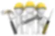 Three 3D figures in yellow hard hats holding tools.