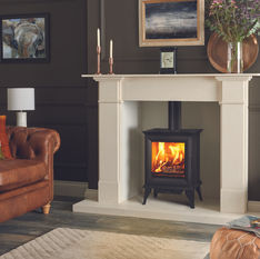 Modern wood burning stove in elegant living room